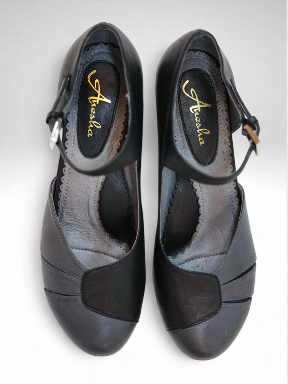 Anesha Lily Black Leather Mary Jane Heels EU 38 US 7-7.5 Twee Indie Block Heel
